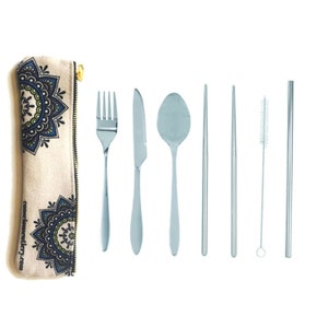 Travel Cutlery Set w/ Hemp Pouch - 18/8 grade stainless steel - fork, spoon, knife, straw, chopsticks. MANDALA