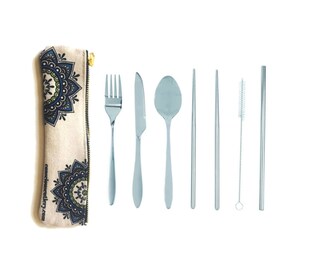 Lengnoyp Set Di Posate Da Viaggio 4 Pezzi In Acciaio Inox Con Custodia - Coltello, Forchetta, Cucchiaio E Bacchette - Ideale Per Campeggio, Picnic E Ufficio