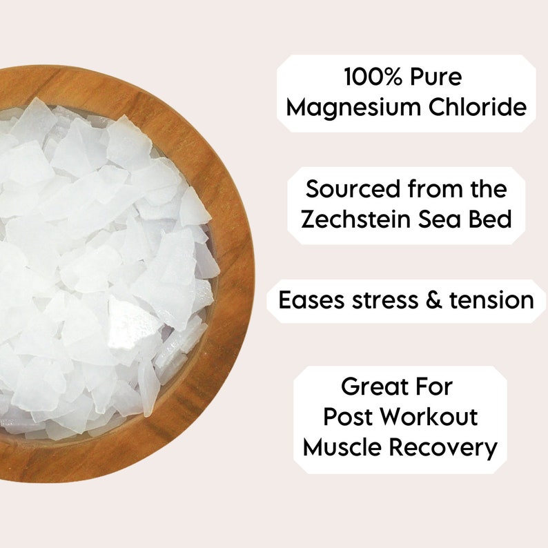 Op de afbeelding: Een houten kom gevuld met witte magnesiumchloride vlokken. De tekst "100% Pure Magnesium Chloride", "Sourced from the Zechstein Sea Bed", "Eases stress & tension" en "Great For Post Workout Muscle Recovery" wordt rond de kom weergegeven.