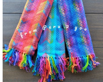 Peruvian Alpaca Wool Scarf: Bright Colourful Geometric Shawl