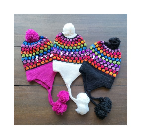 Peruvian Alpaca Wool Chullo Hat: Colorful Knit Pom Poms - Etsy