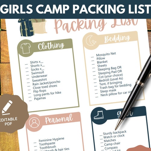 editable young women girls camp packing list digital etsy israel