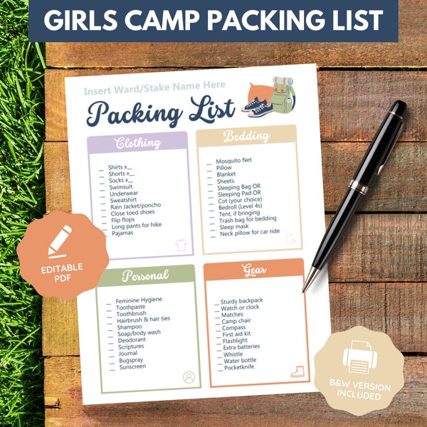 Lista de empaque editable del campamento de niñas para mujeres jóvenes / Descarga digital