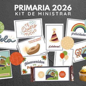 May include: A collection of greeting cards and decorative elements with the text "PRIMARIA 2026 KIT DE MINISTRAR". The cards feature various designs, including rainbows, balloons, and celebratory messages. A cupcake with a topper is also included.