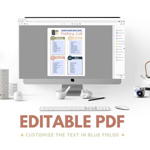 May include: A computer screen displaying a printable packing list for a girls' camp. The list is divided into four sections: Clothing, Bedding, Personal, and Gear. The text in the blue fields is editable. The text on the screen reads "INSERT NAME GIRLS CAMP Packing List".