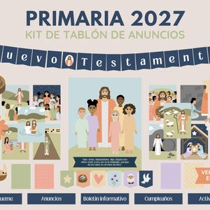 May include: A bulletin board kit titled PRIMARIA 2027 KIT DE TABLÓN DE ANUNCIOS featuring a banner with the text Nuevo Testamento, illustrations of biblical scenes, diverse figures, a sheep, a dove, and labels for Ven, Sigueme, Anuncios, and Actividades.