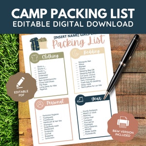 Bearbeitbare junge Frauen Mädchen Camp Packliste | Digitaler Download