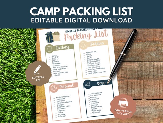Editable Young Women Girls Camp Packing List | Digital Download
