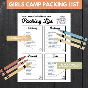 Editable Young Women Girls Camp Packing List  Digital image 4