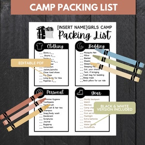 May include: A printable checklist for girls' camp packing. The checklist is divided into four sections: Clothing, Bedding, Personal, and Gear. Each section has a list of items to pack, such as shirts, shorts, pajamas, a mosquito net, a pillow, a blanket, toiletries, a backpack, a watch, and matches. The checklist is in black and white with a colorful border.