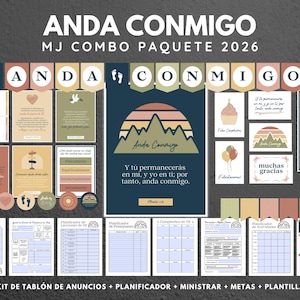 May include: A collection of stationery items with the text "Anda Conmigo" and "MJ Combo Paquete 2026". The set includes cards, a calendar, and planning sheets. The color palette features earth tones, with a mountain graphic.