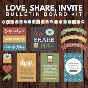 May include: A bulletin board kit with the words "Love, Share, Invite" in a colorful, vintage style. The kit includes various cards with quotes and phrases about love, sharing, and inviting, as well as banners with the words "Love", "Share", and "Invite".