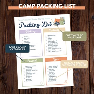 May include: A printable checklist for camping trips with four categories: clothing, bedding, personal, and gear. The checklist is customizable and includes a title that says "Camp Packing List".