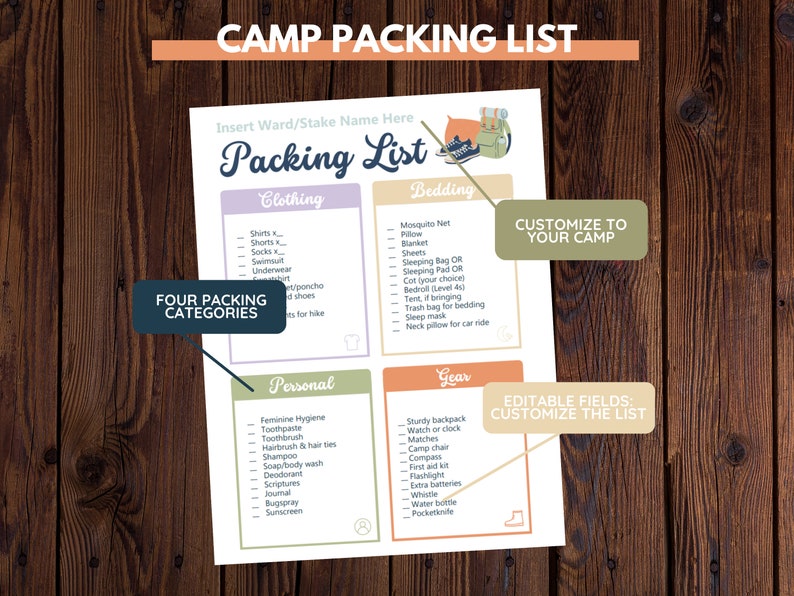 May include: A printable checklist for camping trips with four categories: clothing, bedding, personal, and gear. The checklist is customizable and includes a title that says "Camp Packing List".
