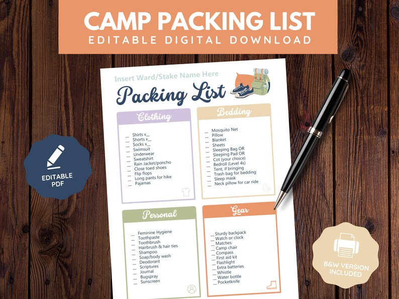 Editable Young Women Girls Camp Packing List | Digital Download image 1