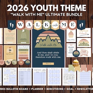 Peut inclure: Ensemble de papeterie et d'imprimables sur le thème de la jeunesse "Walk With Me". Comprend un tableau d'affichage, un planificateur et des kits de newsletter. Présente une palette de couleurs marine, beige et pêche.