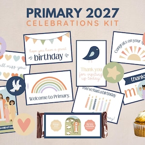 May include: A Primary 2027 Celebrations Kit featuring various printed cards with illustrations of a rainbow, a bird, a sheep, and religious figures. The set includes a cupcake with a topper, a candy bar wrapper, and circular stickers with hearts, stars, and fish.