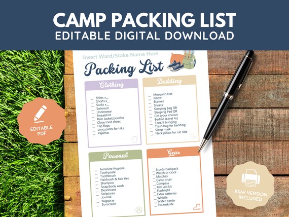 Editable Young Women Girls Camp Packing List | Digital Download