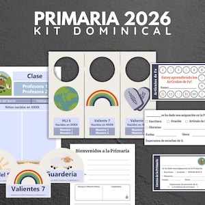 May include: A collection of printed materials for a primary school program, featuring the text "PRIMARIA 2026 KIT DOMINICAL." The design includes various cards and sheets with illustrations of a rainbow, earth, and a heart. The color scheme is primarily blue, white, and yellow.