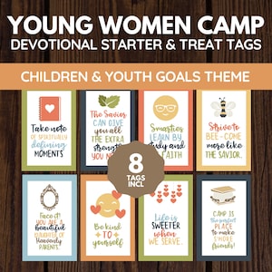 Etiquetas de regalo de campamento para niñas SUD, Áreas de crecimiento para niños y jóvenes: espiritual, intelectual, físico, social, Juego de 8, Descarga digital