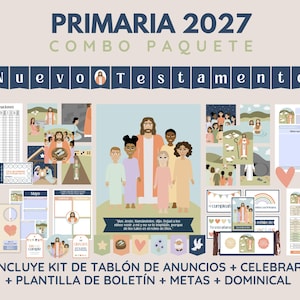 Peut inclure: Un kit éducatif numérique intitulé PRIMARIA 2027 COMBO PAQUETE NUEVO TESTAMENTO comprenant diverses feuilles imprimables, des listes d'affectation, des plans de cours et des éléments de tableau d'affichage illustrés de Jésus et d'enfants.