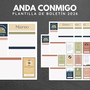 May include: A bulletin board template with the text "Anda Conmigo" and "Plantilla de Boletín 2026". The design includes sections for months like "Marzo" and "Enero", and small cards with illustrations and text.