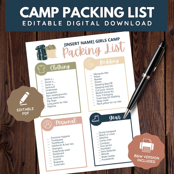 Bearbeitbare junge Frauen Mädchen Camp Packliste | Digitaler Download