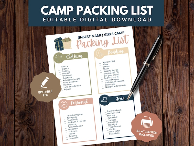 Editable Young Women Girls Camp Packing List | Digital Download image 1