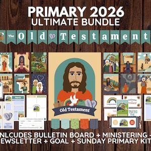 Peut inclure: Ensemble de ressources éducatives pour le programme Primary 2026, comprenant un tableau d'affichage, une newsletter et des outils de fixation d'objectifs. Le design présente des illustrations et le texte "The Old Testament."
