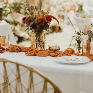 Boho wedding table decor Cheesecloth fabric table runner Rustic wedding centerpieces Rehearsal Dinner decorations Woodland baby shower