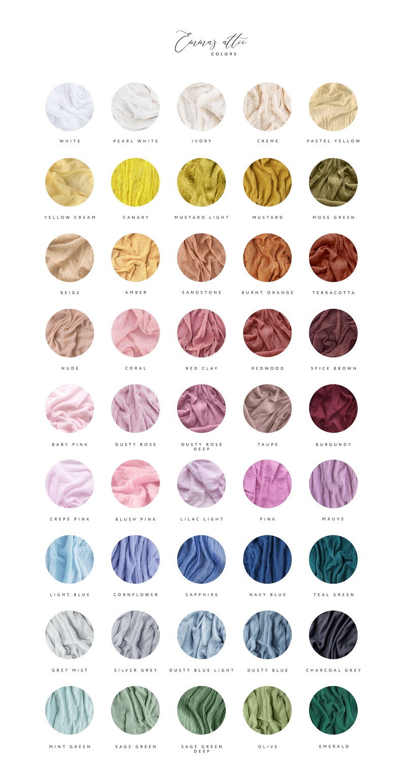 May include: A colour chart with 36 fabric swatches in various colours, including white, ivory, yellow, beige, red, pink, blue, green, and grey. The chart is titled "Emma's Attic Colors".