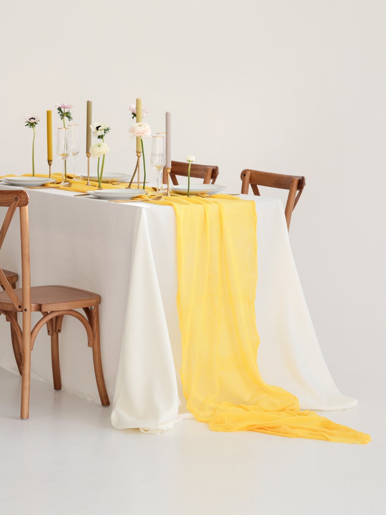 Canary Yellow Boho Wedding table decor Cheesecloth table runner Rustic wedding centerpiece Fall Baby Shower decor Thanksgiving table decor