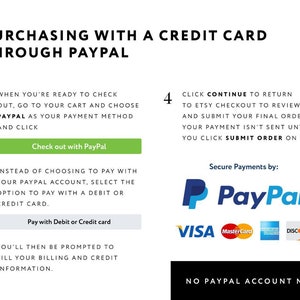 May include: A graphic illustration showing how to purchase with a credit card through PayPal on Etsy. The image includes four steps with instructions and buttons. The image also includes the PayPal logo and logos for Visa, Mastercard, and Discover.