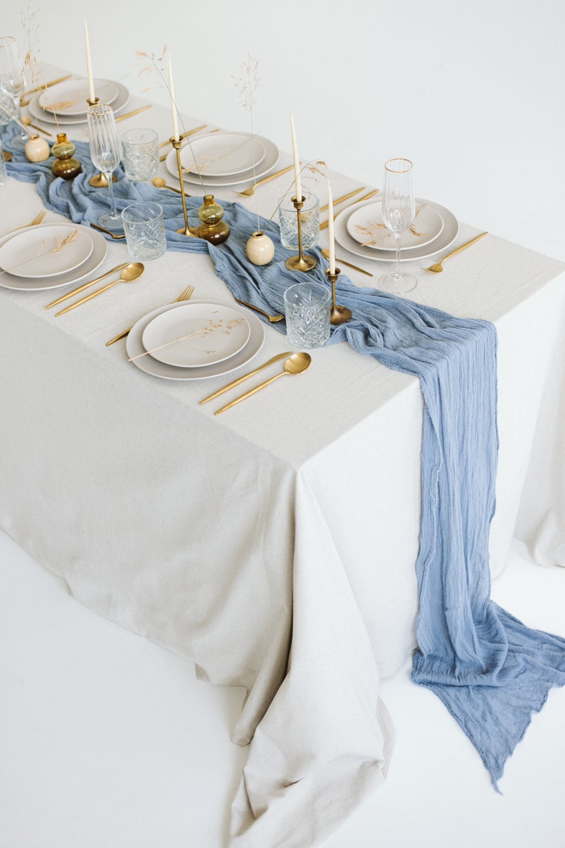 Winter wedding decor Dusty Blue Wedding table decor Gauze table runner Boho wedding centerpiece Blue Baby Shower Gauze fabric Christmas image 5