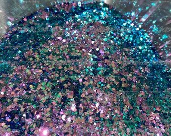 May include: A close-up of a container filled with iridescent glitter. The glitter is a mix of teal, blue, green, and purple colors.