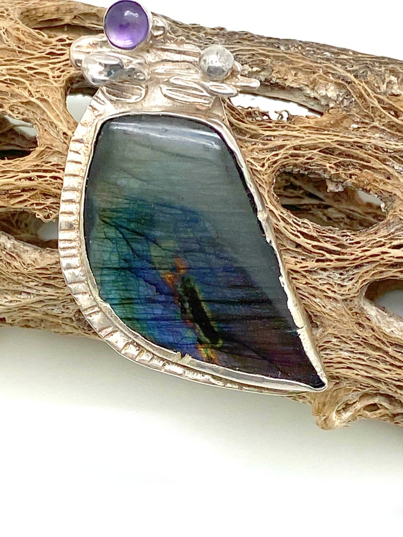 High Purple Blue Flash Gemstone Gift for Mom Labradorite Pendant Sterling Silver with Matching Amethyst Accent Labradorite Stone