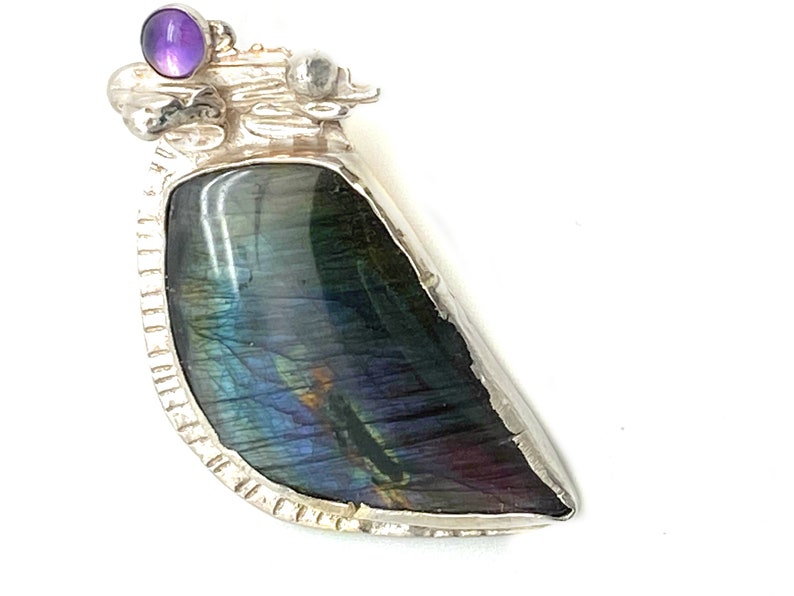 High Purple Blue Flash Gemstone Gift for Mom Labradorite Pendant Sterling Silver with Matching Amethyst Accent Labradorite Stone