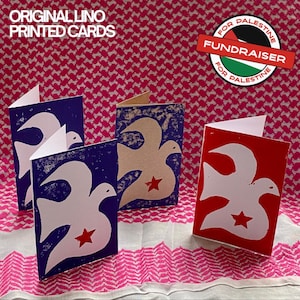 Originele op lino gedrukte vredesduif-inzamelingskaarten Palestina | Handgemaakte kerstkaarten voor Gaza, Palestina | Plasticvrije eco-kunstkaarten