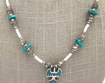 Vintage Silver and Turquoise Thunderbird Beaded Necklace