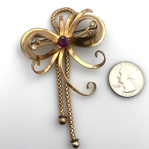 Vintage AREGEL 12k Gold Filled Bow Dangle Brooch with Amethyst Glass Stone image 8