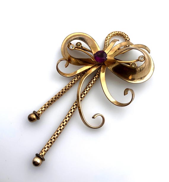 Vintage AREGEL 12k Gold Filled Bow Dangle Brooch with Amethyst Glass Stone