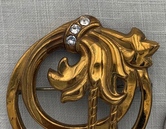 Vintage Art Nouveau Stamped Brass Rhinestone Broo… - image 2