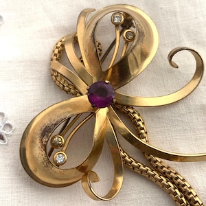 Vintage AREGEL 12k Gold Filled Bow Dangle Brooch with Amethyst Glass Stone image 3