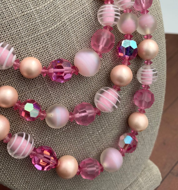 Vintage Pink Three Strand Beaded Necklace - image 3