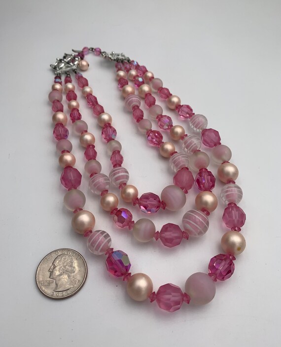 Vintage Pink Three Strand Beaded Necklace - image 7