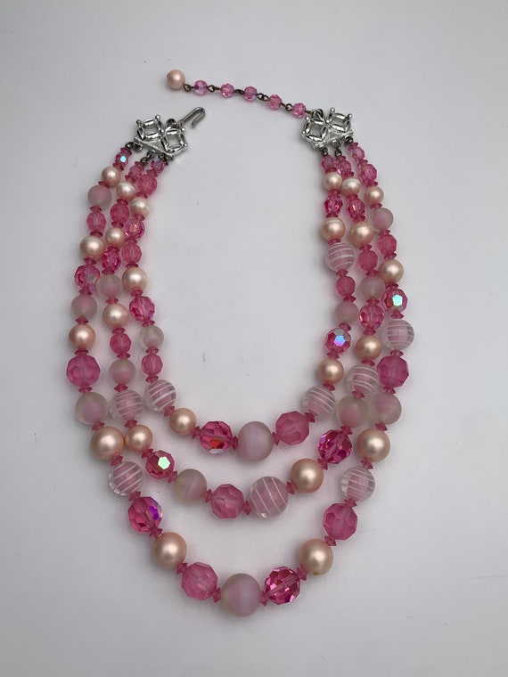 Vintage Pink Three Strand Beaded Necklace - image 8