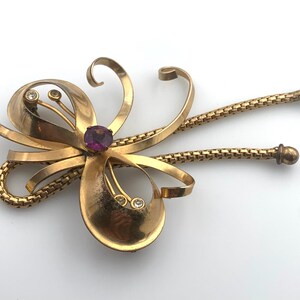Vintage AREGEL 12k Gold Filled Bow Dangle Brooch with Amethyst Glass Stone image 4