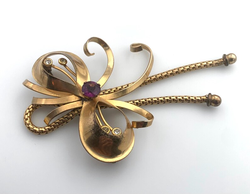 Vintage AREGEL 12k Gold Filled Bow Dangle Brooch with Amethyst Glass Stone image 4
