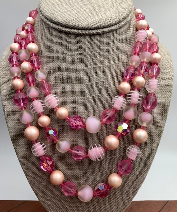 Vintage Pink Three Strand Beaded Necklace - image 1