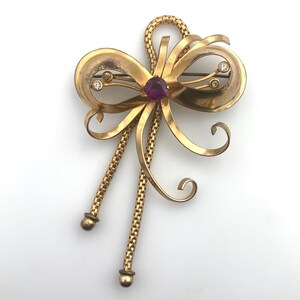 Vintage AREGEL 12k Gold Filled Bow Dangle Brooch with Amethyst Glass Stone image 9